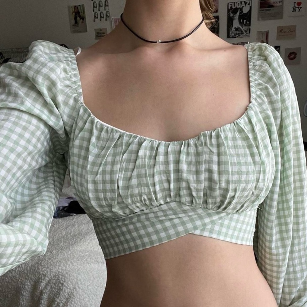 Altar'd State Light Green Gingham Puff-Sleeve Crop Top
